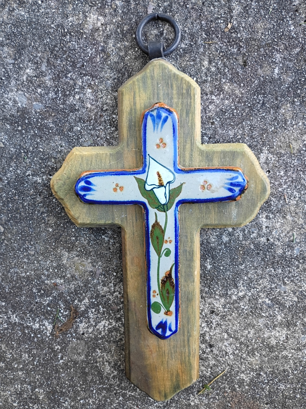 Handcrafted Blue and White Floral Cross Wall Art